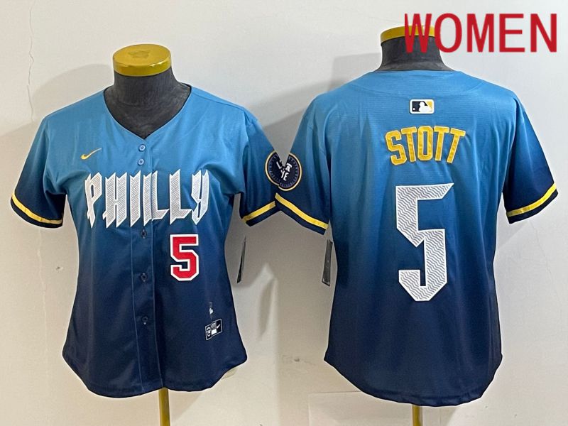 Women Philadelphia Phillies #5 Stott Blue City Edition Nike 2024 MLB Jersey style 3